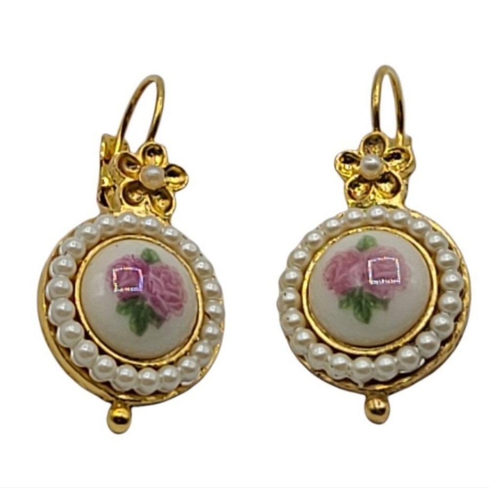 Vintage Romantic Floral Faux Pearl Rose Earrings Valentines Day